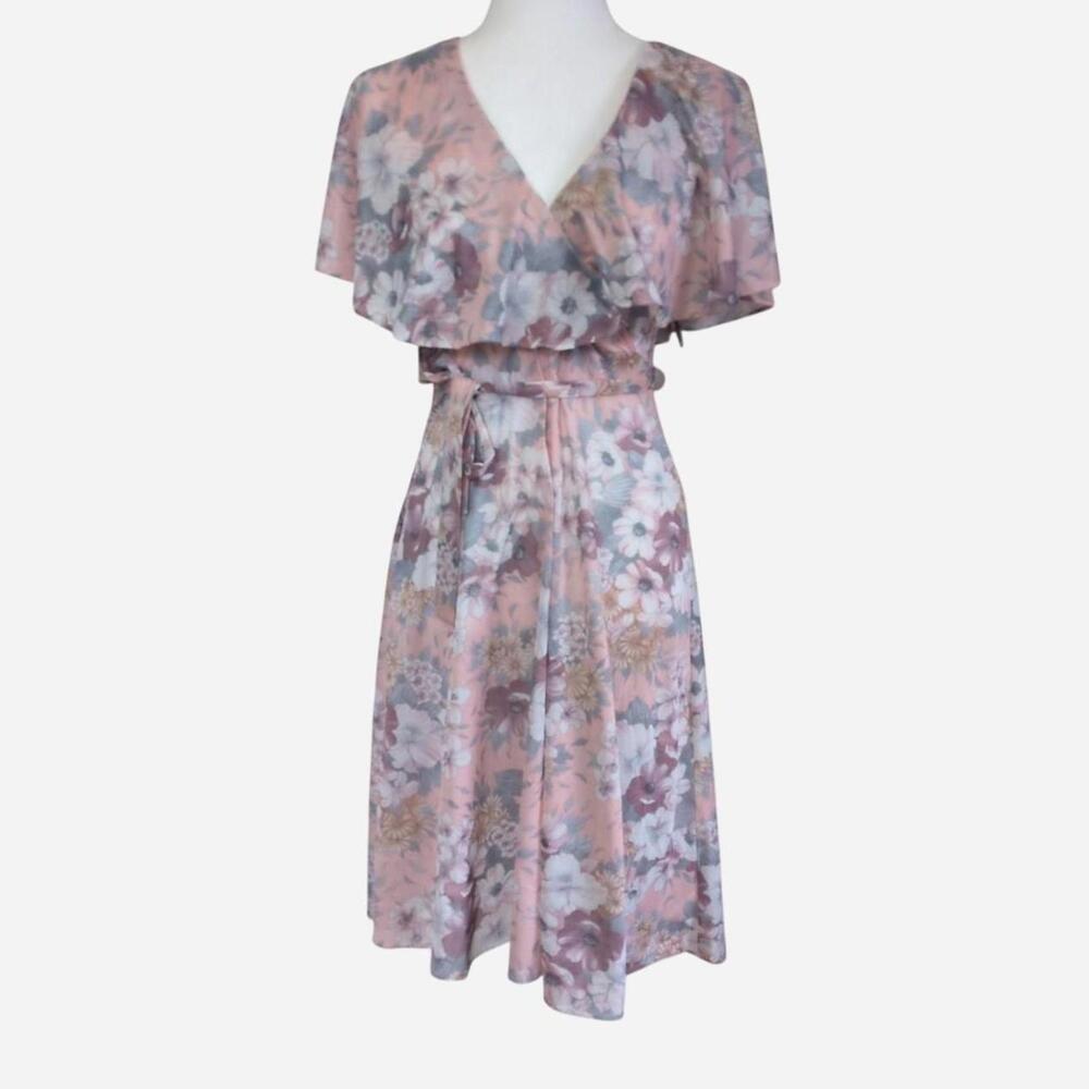 1970s Watercolor Floral Capelet Midi Dress In Blush Pink XS